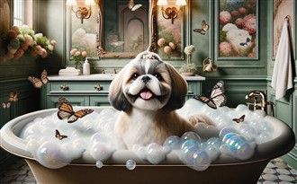 Shih Tzu in bath with shampoo 