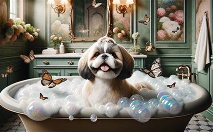 Shih Tzu in bath with shampoo 