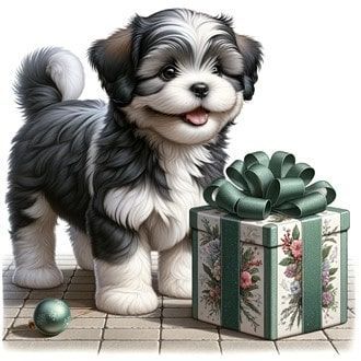 Shih Tzu looking at a gift