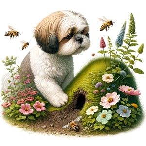 Shih Tzu next to bee nest, illustrated