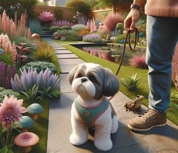 Shih Tzu outdoors next to licking dangers