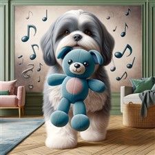 Shih Tzu with blue fabric toy