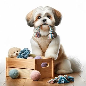 Shih Tzu with clean toys and flowers