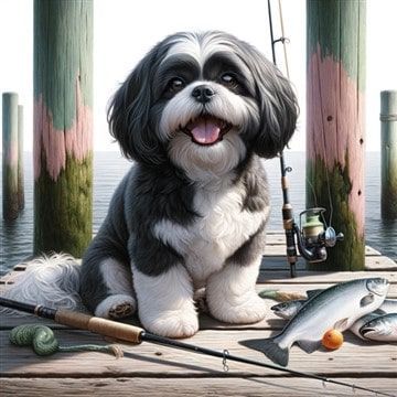 Shih Tzu with Fresh Fish, Sitting on an Ocean Pier