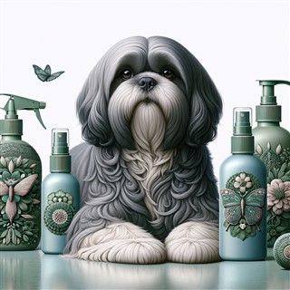 Shih Tzu with Shampoo bottles 