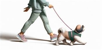 Shih Tzu heeling to owner