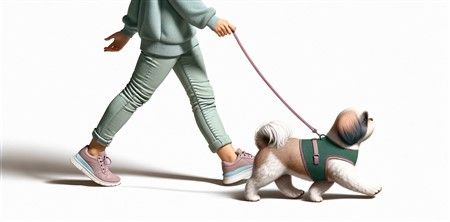 Shih Tzu heeling to owner