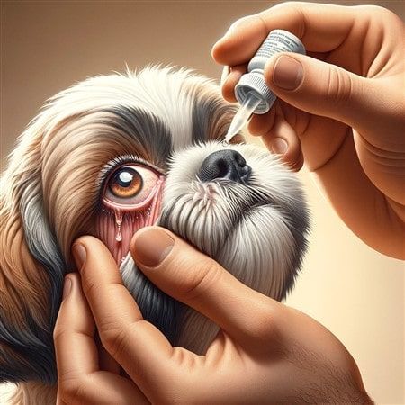 Flushing out Shih Tzu's eye with eye solution