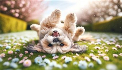 Shih Tzu rolling in feces