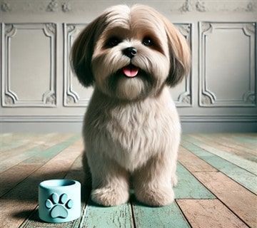 Shih Tzu sitting near paw washer device