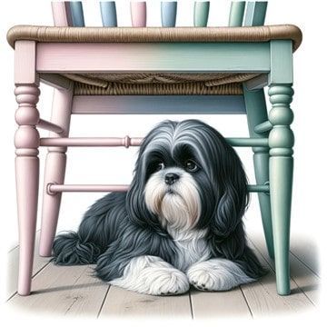 shy Shih Tzu hiding under chair