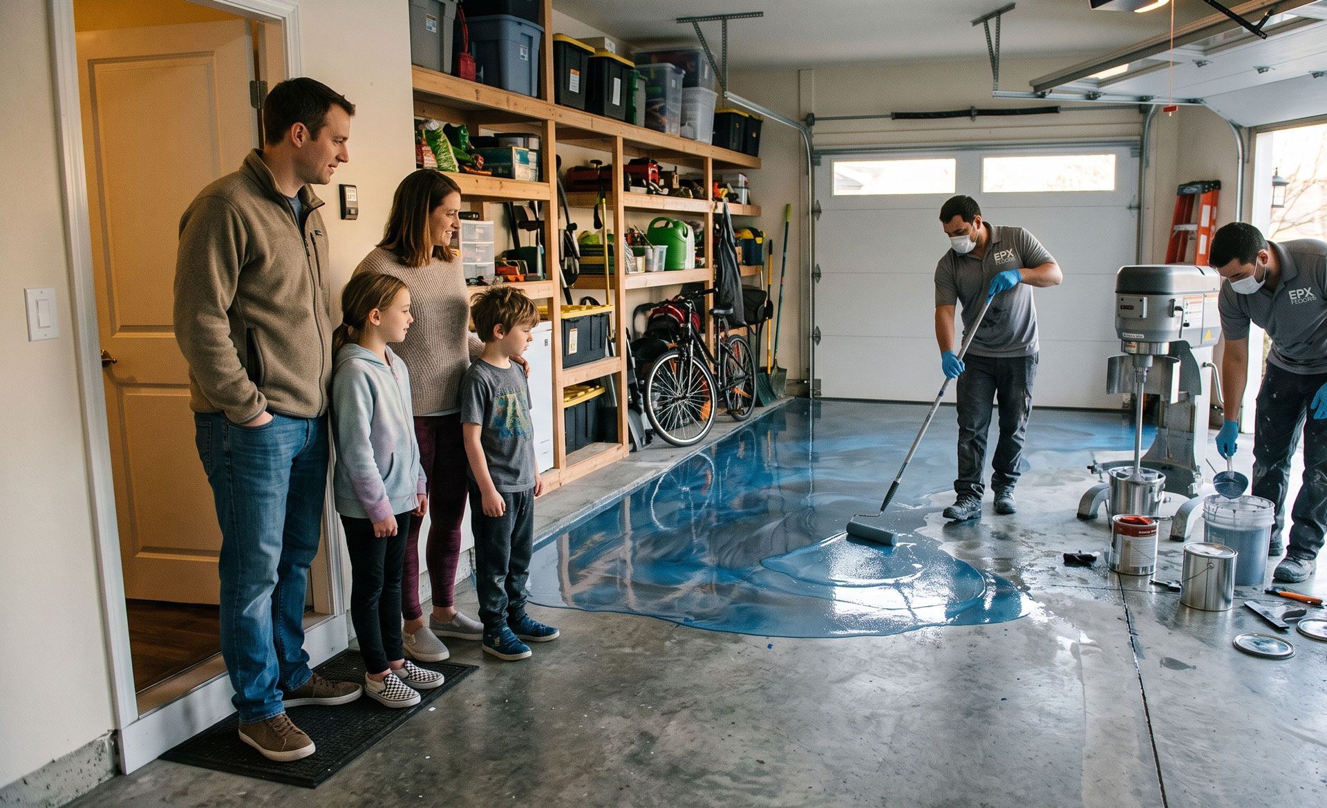 People standing in a garage beside shelves, looking at a wet floor with a blue coating or spill.
