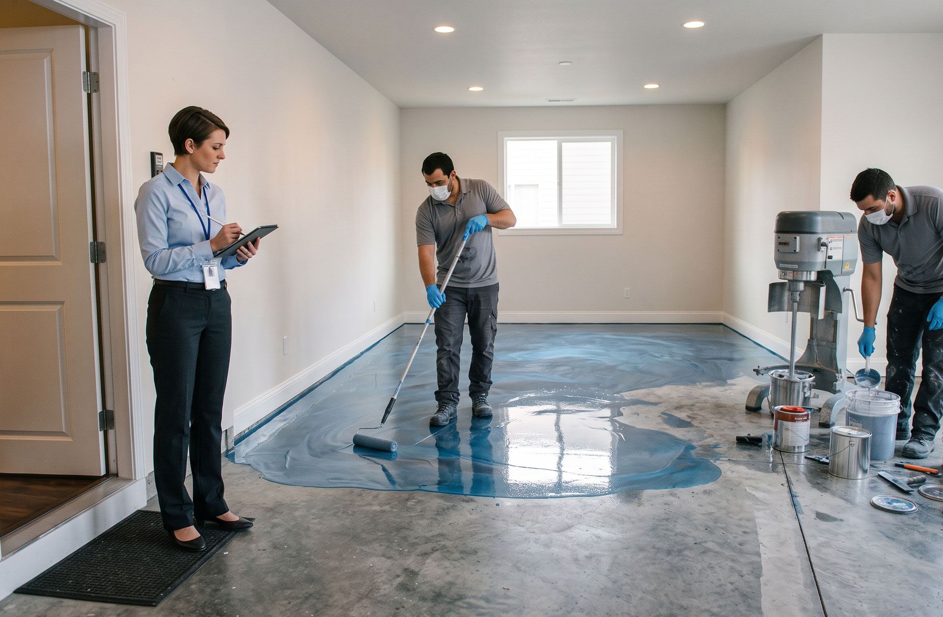 People cleaning a wet floor inside a bright room, with one person mopping and another holding a clipboard.