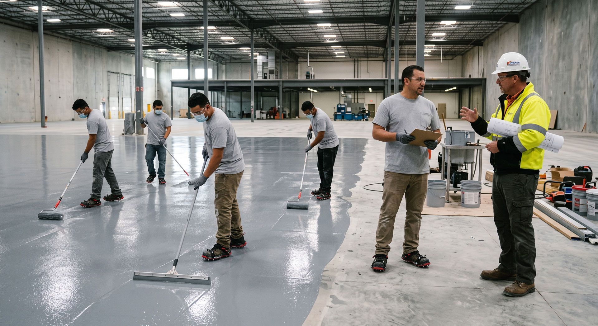 Workers polishing a warehouse floor, with one supervisor in a hard hat observing.