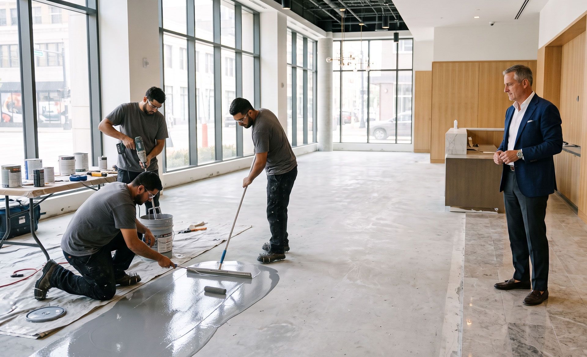 Workers polishing a concrete floor in a bright, unfinished office lobby while a man in a suit observes.