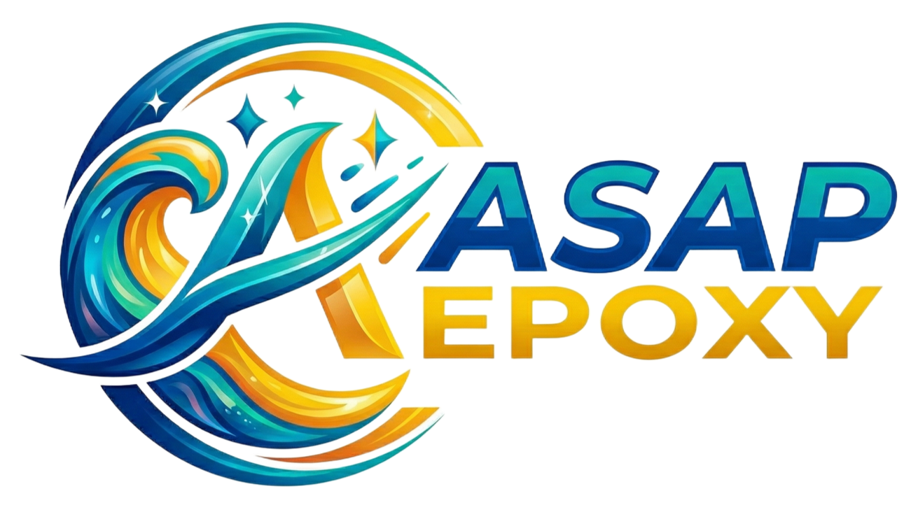 ASAP Epoxy logo with blue and gold abstract swirl and bold blue-and-gold text