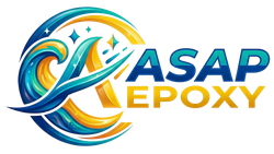 ASAP Epoxy logo with blue and gold abstract swirl and bold blue-and-gold text