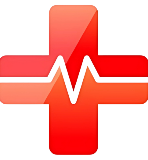 A red cross with a white heartbeat line inside of it