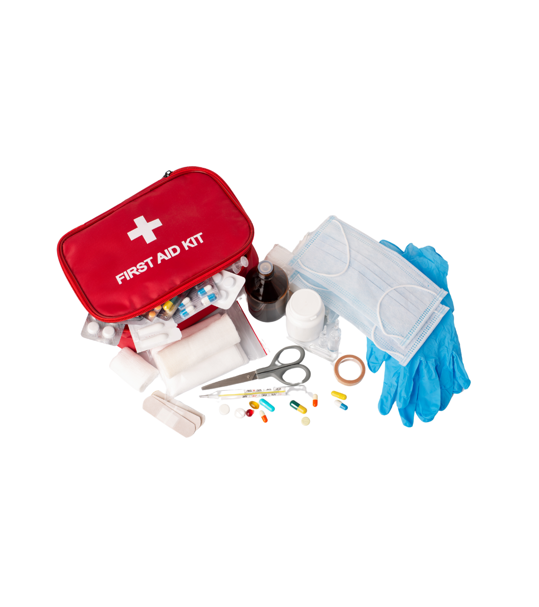 A red first aid kit filled with a variety of medical supplies.