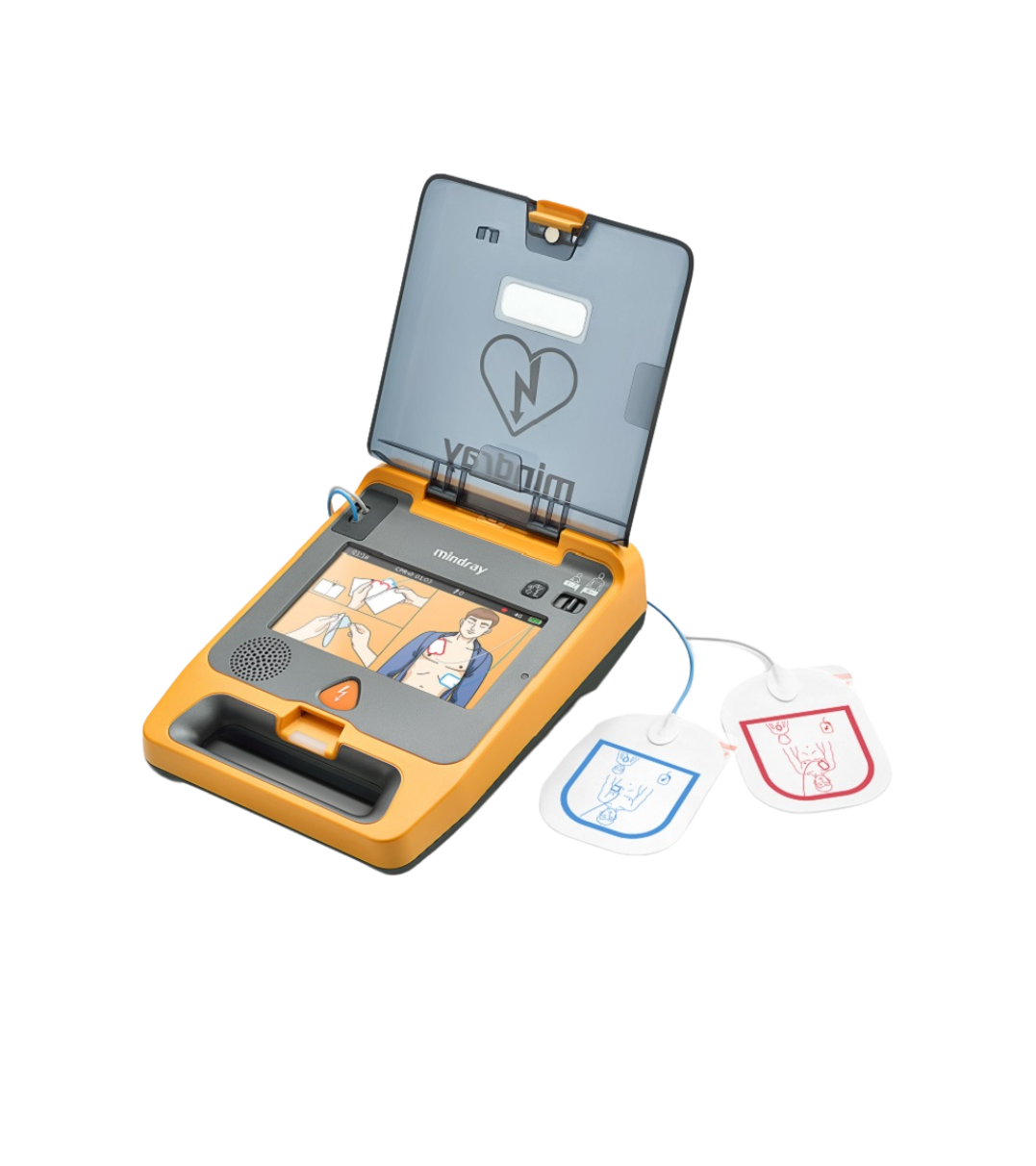 A defibrillator with two pads attached to it on a white background.