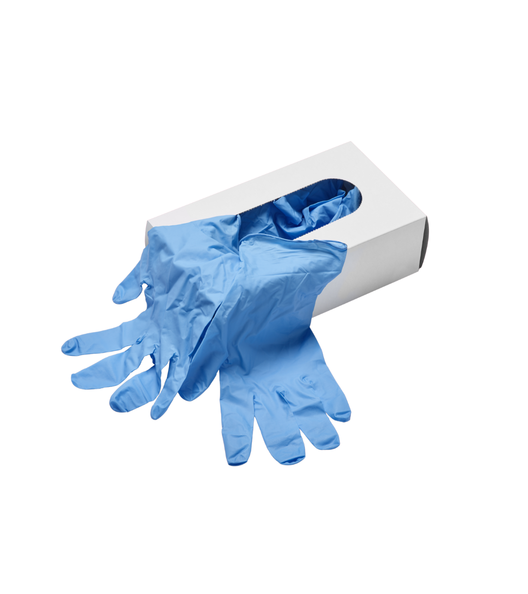 A box of blue nitrile gloves on a white background