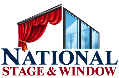National Stage & Window logo with red stage curtain and blue window panes