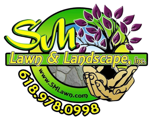 SM Lawn & Landscape logo with green lettering, purple leaves, and phone number 618-978-0998