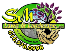 SM Lawn & Landscape logo with green lettering, purple leaves, and phone number 618-978-0998