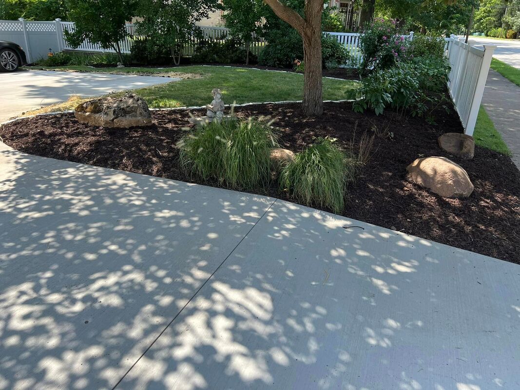Front yard garden bed with mulch, shrubs, and rocks beside a concrete driveway