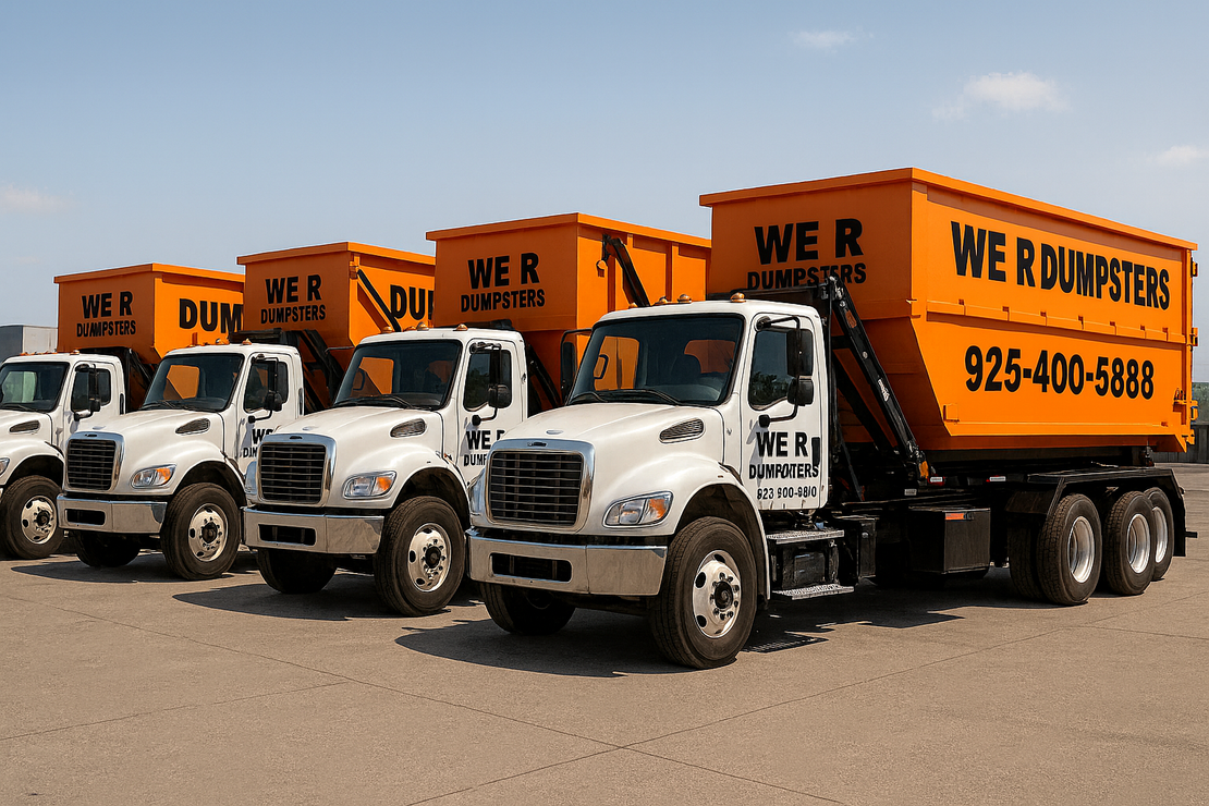 Four white semi-trucks with large, bright orange dumpsters parked in a line under a blue sky.