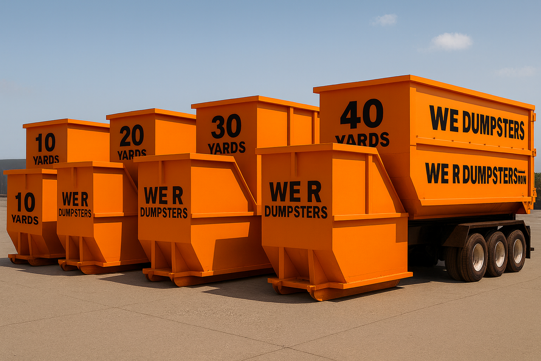 A row of bright orange dumpsters in varying sizes labeled 10, 20, 30, and 40 yards with the text WE R DUMPSTERS.