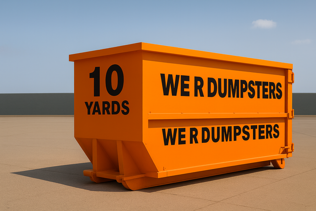 An orange 10-yard dumpster with