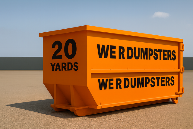 A bright orange 20-yard dumpster sitting on flat, dry ground with the text