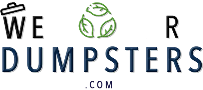 Logo for WEDUMPSTERS.COM with a trash can icon above the 'E' and a green leaf-shaped recycling symbol in the center.