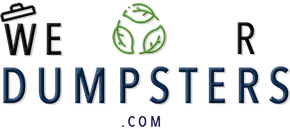 Logo for WEDUMPSTERS.COM with a trash can icon above the 'E' and a green leaf-shaped recycling symbol in the center.