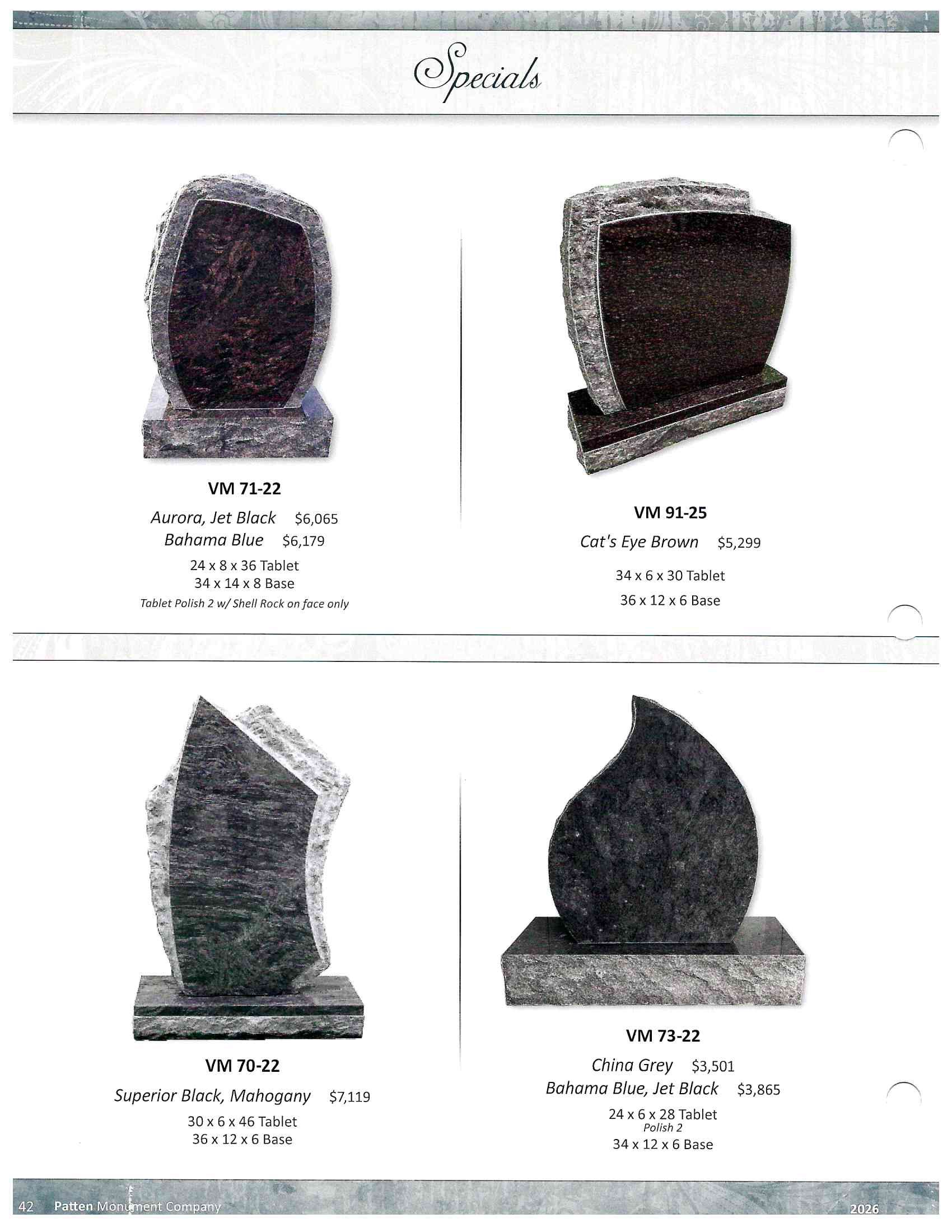 Catalog page showing four black memorial headstone designs with labels and prices.