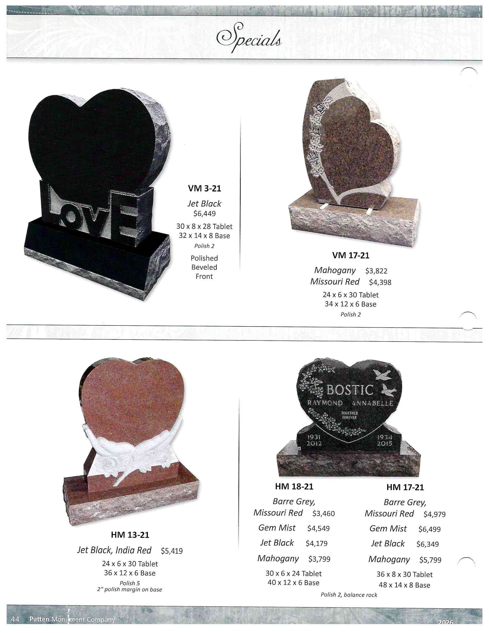 Catalog page showing four heart-shaped memorial plaques on stands in black, brown, pink, and dark stone finishes