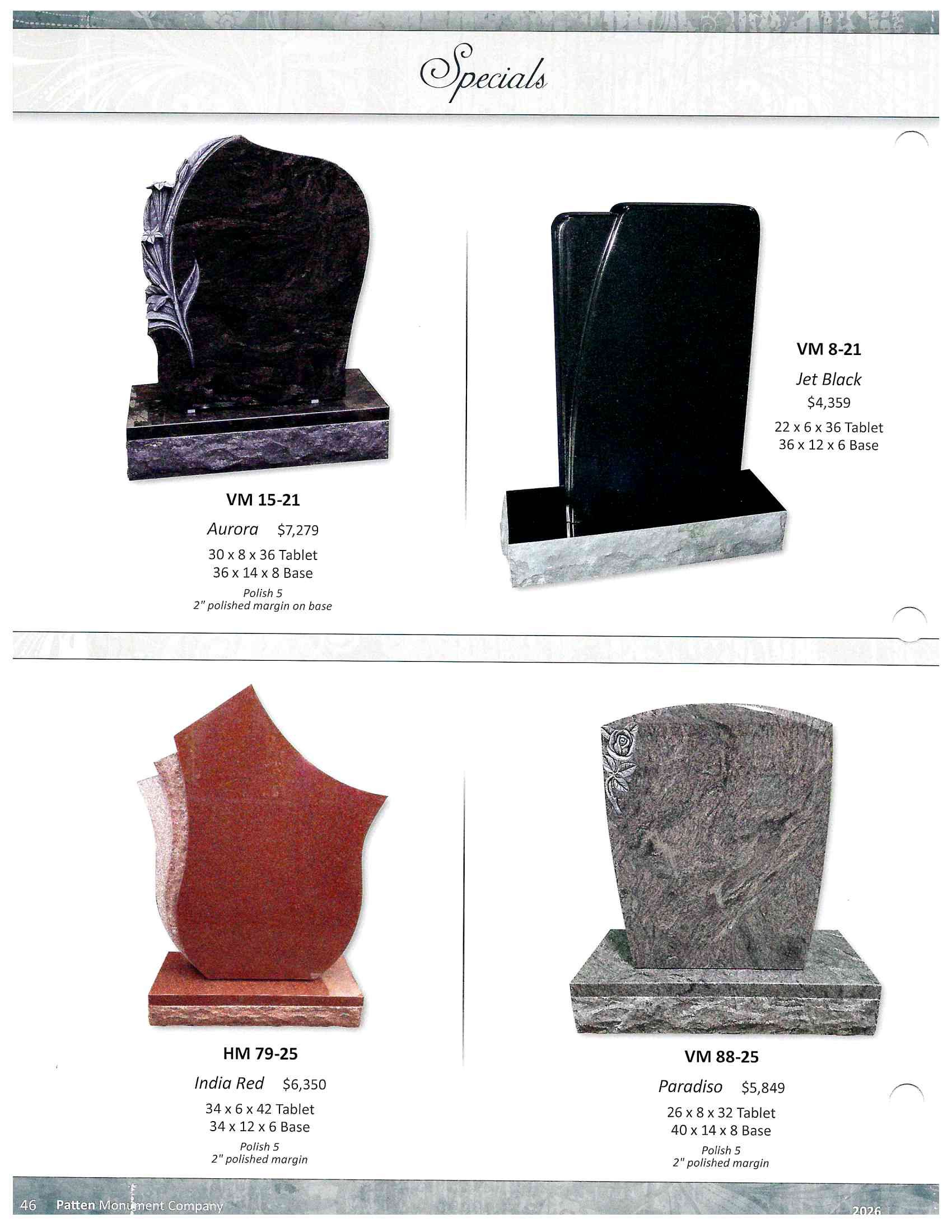 Catalog page showing four upright monument headstones in black, red, and gray stone.