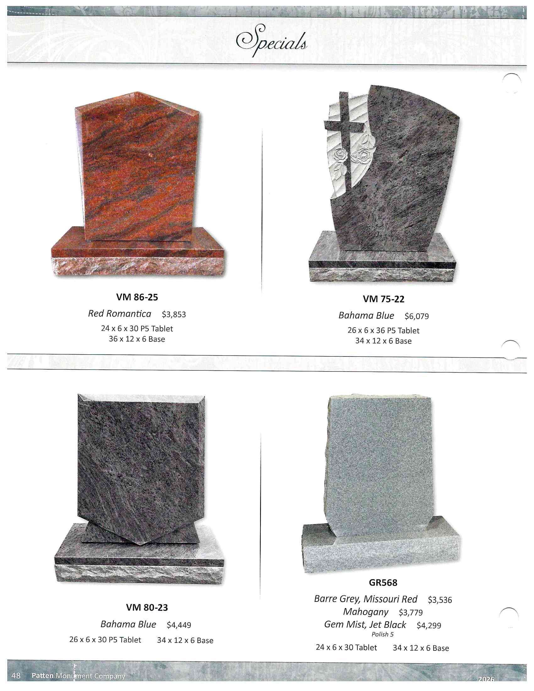 Four gravestone designs shown in a catalog, with orange, black, and gray stone variations.