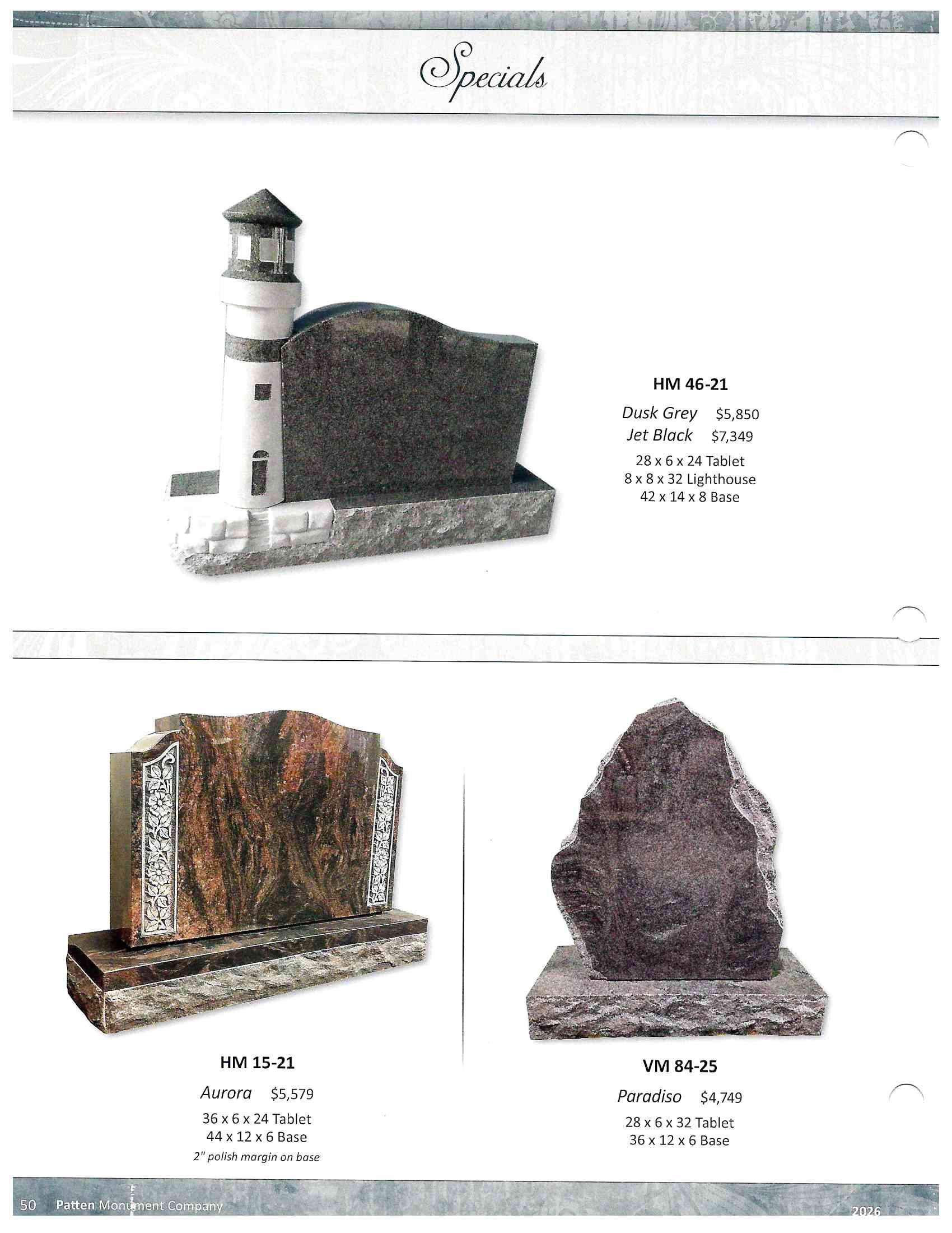 Three decorative cemetery memorials, including a lighthouse and two granite gravestones.