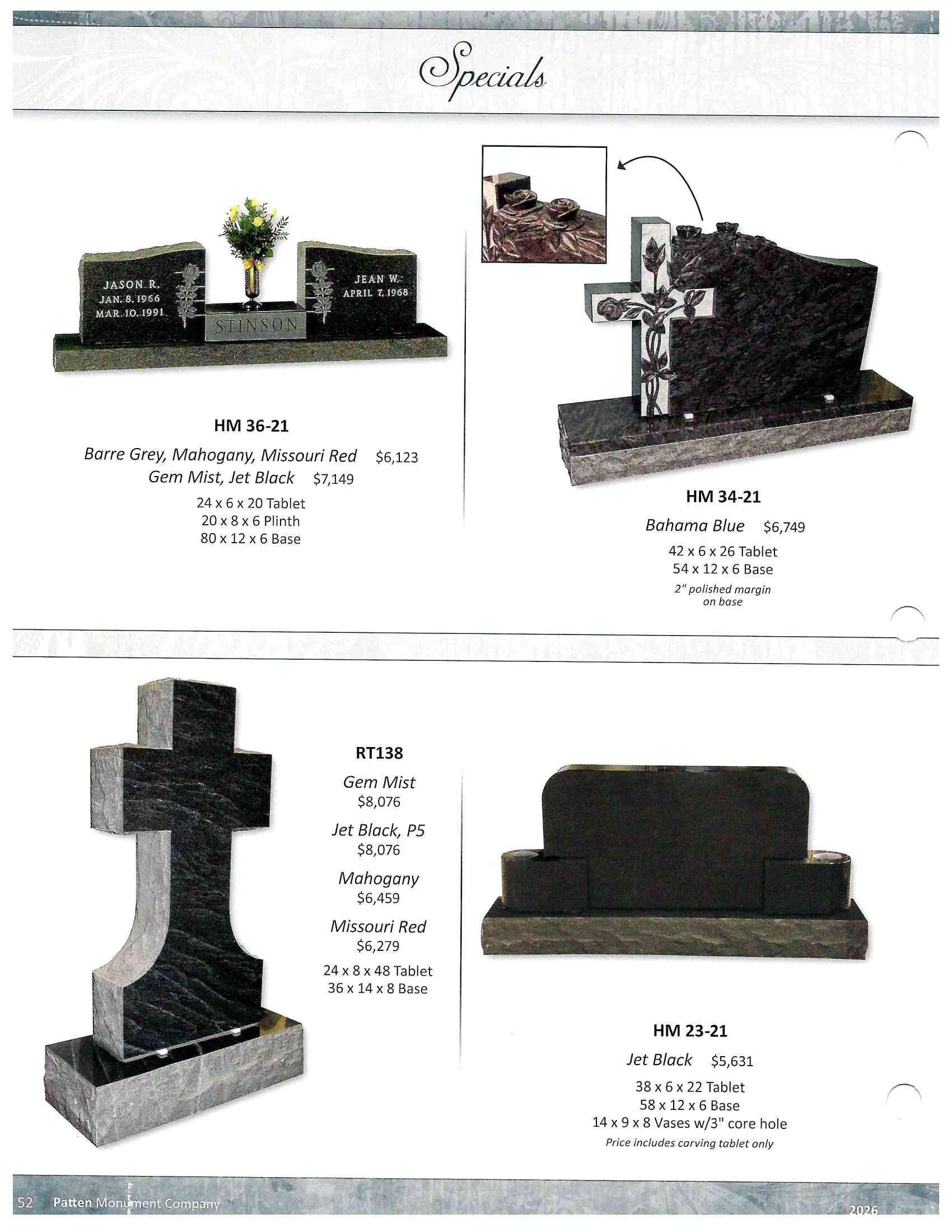 Brochure page showing four black granite grave monument designs with small labels and measurements