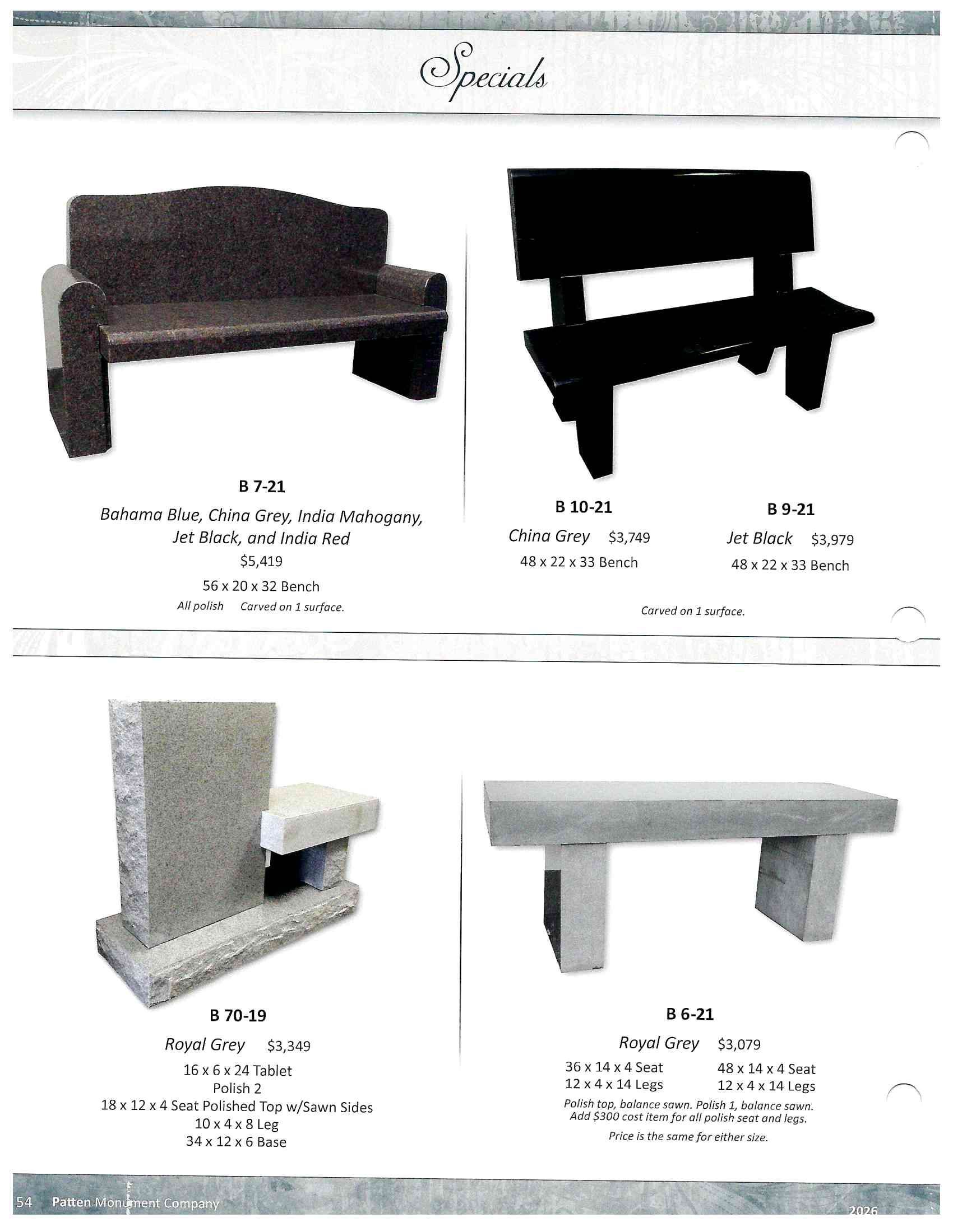 Catalog page showing four bench-style furniture designs in different shapes and finishes.