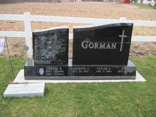Black and white double headstone with the name Gorman in a cemetery on grass