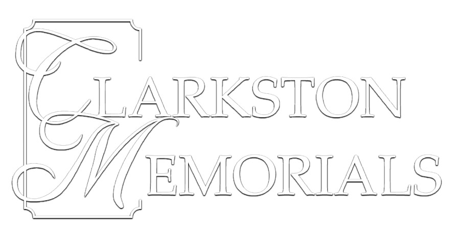 Clarkston Memorials logo with ornate overlapping C and M letters in light gray on white background