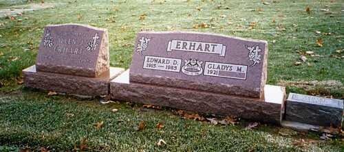 Two brown granite gravestones on a grassy cemetery plot with flowers carved into the headstones