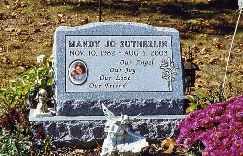 Gravestone in a cemetery with flowers and a small angel statue beside it.
