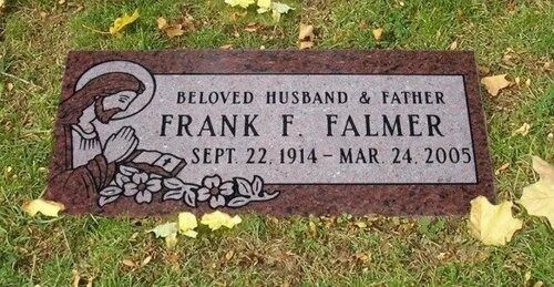 Brown granite gravestone in grass reading “Beloved Husband & Father Frank F. Palmer, Sept. 22, 1914 – Mar. 24, 2005.”