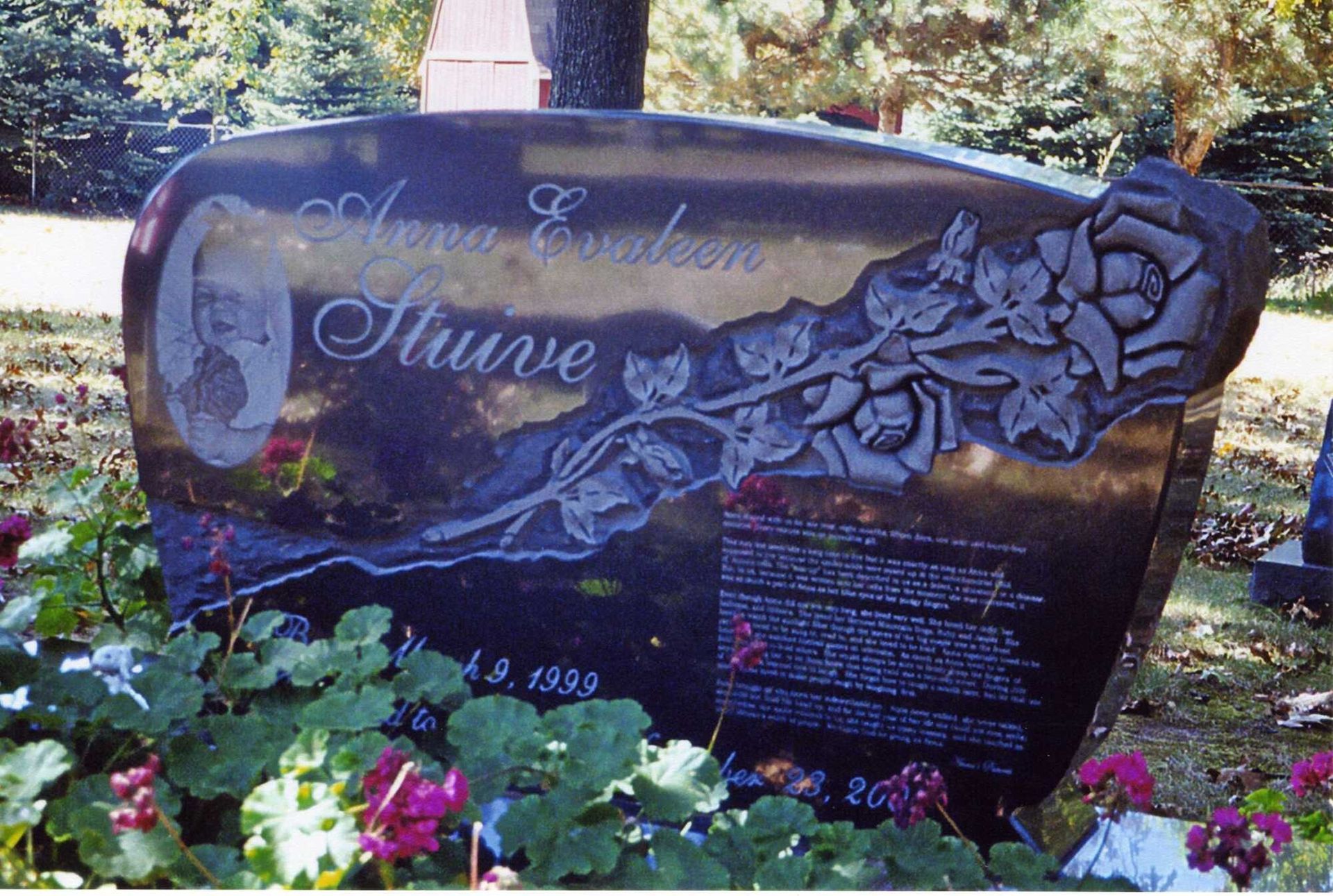 Decorative black memorial gravestone with flowers engraved, set among pink and red flowers in a cemetery.