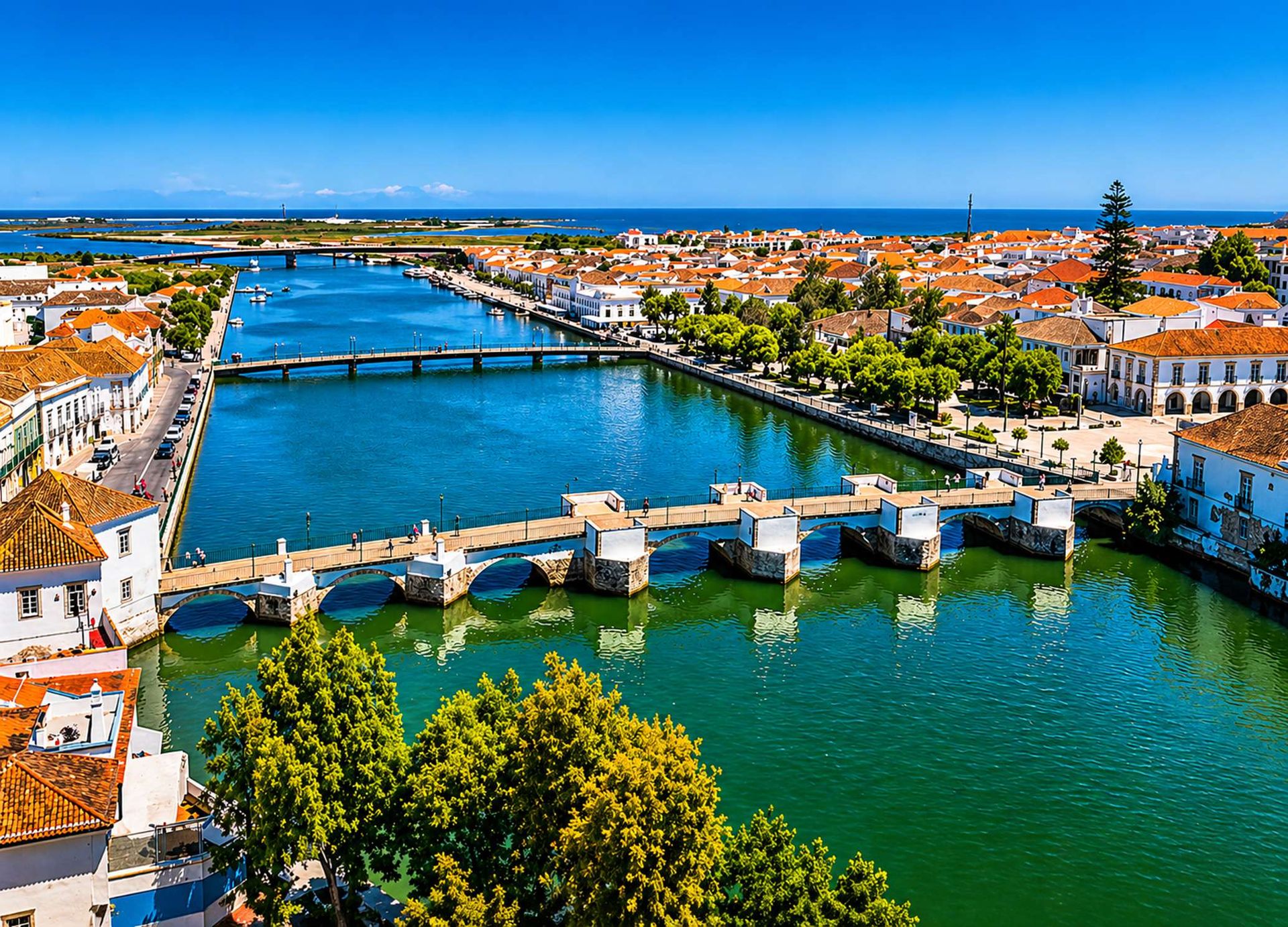 Tavira's river, historic bridge and rooftops seen from above