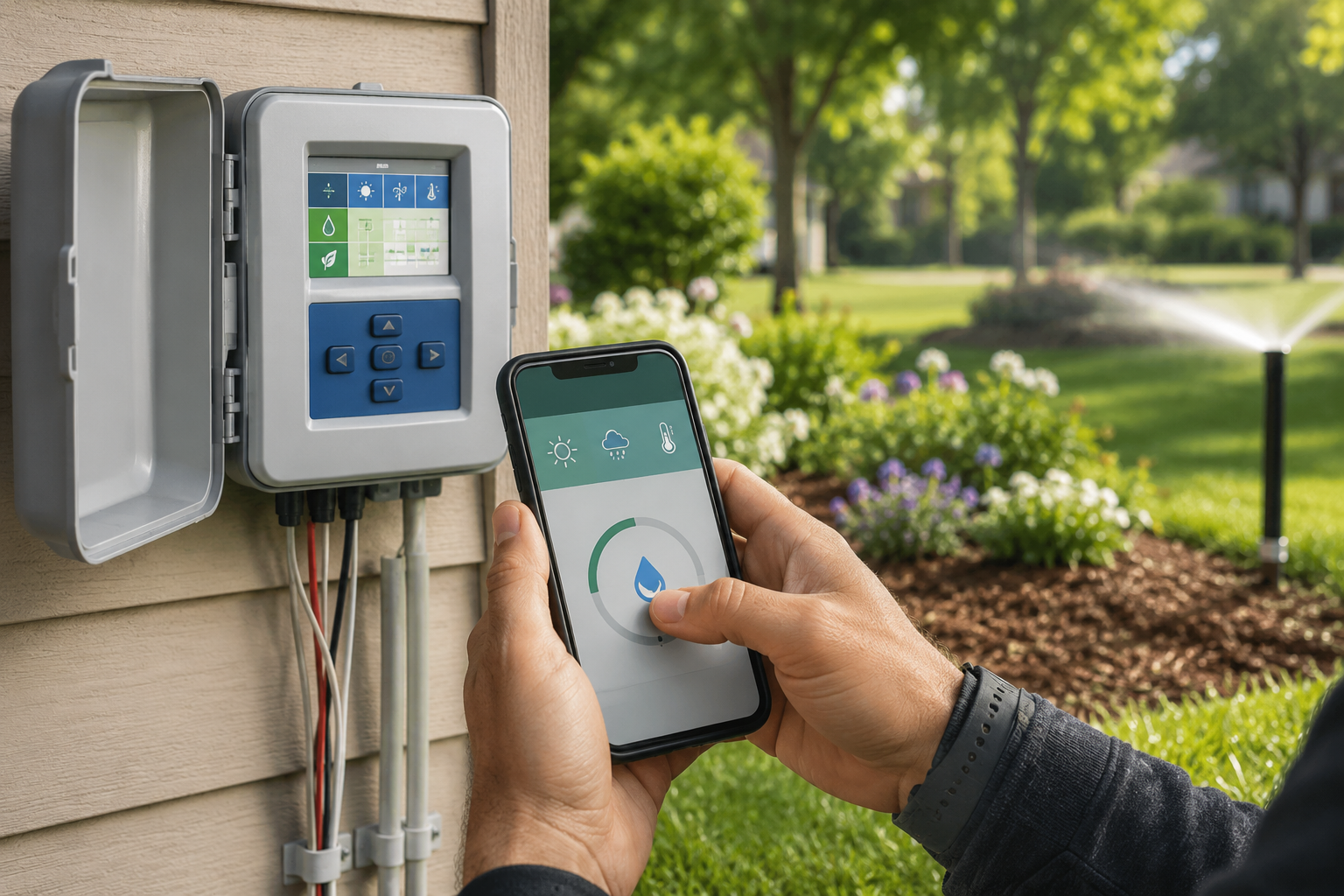 Person using a smartphone to control an outdoor irrigation system panel beside a house